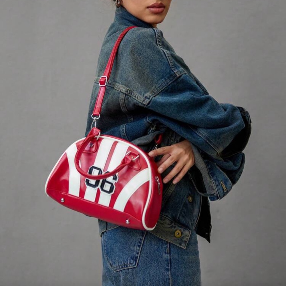 Red and White Striped Dome Satchel Bag w. '96' Patch - Picture 5 of 11